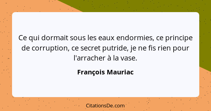 Ce qui dormait sous les eaux endormies, ce principe de corruption, ce secret putride, je ne fis rien pour l'arracher à la vase.... - François Mauriac