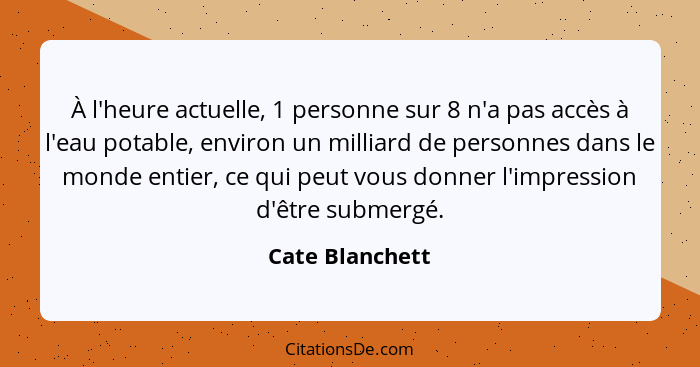 À l'heure actuelle, 1 personne sur 8 n'a pas accès à l'eau potable, environ un milliard de personnes dans le monde entier, ce qui peu... - Cate Blanchett