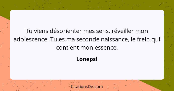 Tu viens désorienter mes sens, réveiller mon adolescence. Tu es ma seconde naissance, le frein qui contient mon essence.... - Lonepsi