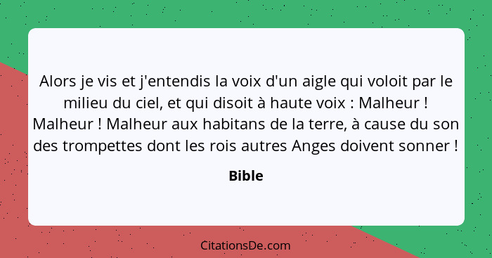 Alors je vis et j'entendis la voix d'un aigle qui voloit par le milieu du ciel, et qui disoit à haute voix : Malheur ! Malheur ... - Bible