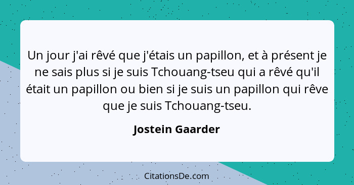 Un jour j'ai rêvé que j'étais un papillon, et à présent je ne sais plus si je suis Tchouang-tseu qui a rêvé qu'il était un papillon... - Jostein Gaarder