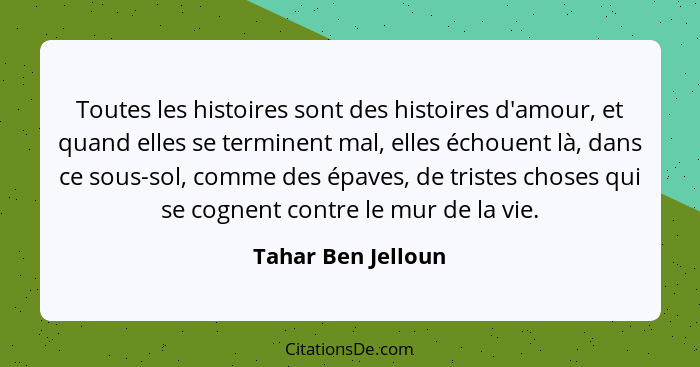 Toutes les histoires sont des histoires d'amour, et quand elles se terminent mal, elles échouent là, dans ce sous-sol, comme des é... - Tahar Ben Jelloun