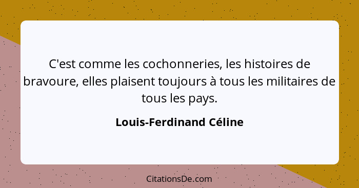 C'est comme les cochonneries, les histoires de bravoure, elles plaisent toujours à tous les militaires de tous les pays.... - Louis-Ferdinand Céline