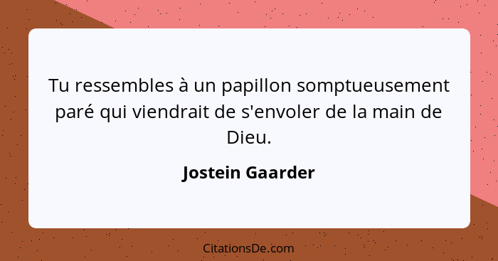 Tu ressembles à un papillon somptueusement paré qui viendrait de s'envoler de la main de Dieu.... - Jostein Gaarder