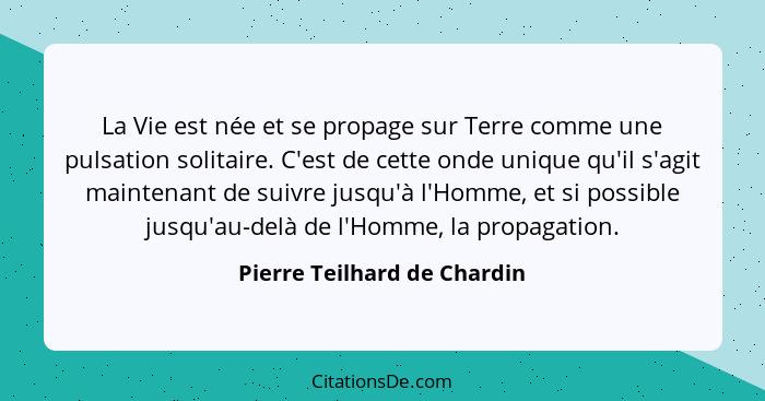 La Vie est née et se propage sur Terre comme une pulsation solitaire. C'est de cette onde unique qu'il s'agit maintenant... - Pierre Teilhard de Chardin