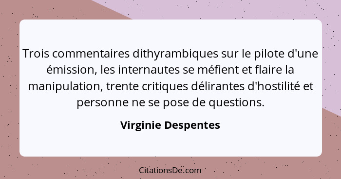 Trois commentaires dithyrambiques sur le pilote d'une émission, les internautes se méfient et flaire la manipulation, trente crit... - Virginie Despentes