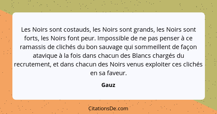 Les Noirs sont costauds, les Noirs sont grands, les Noirs sont forts, les Noirs font peur. Impossible de ne pas penser à ce ramassis de clichés... - Gauz