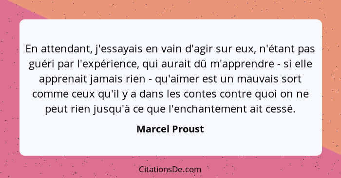 En attendant, j'essayais en vain d'agir sur eux, n'étant pas guéri par l'expérience, qui aurait dû m'apprendre - si elle apprenait jam... - Marcel Proust