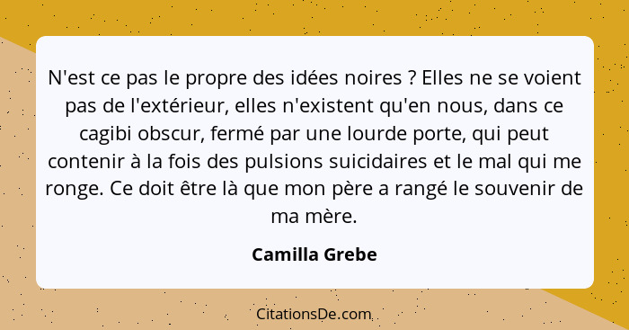 N'est ce pas le propre des idées noires ? Elles ne se voient pas de l'extérieur, elles n'existent qu'en nous, dans ce cagibi obsc... - Camilla Grebe