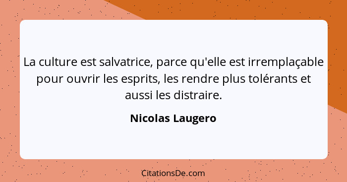 La culture est salvatrice, parce qu'elle est irremplaçable pour ouvrir les esprits, les rendre plus tolérants et aussi les distraire... - Nicolas Laugero