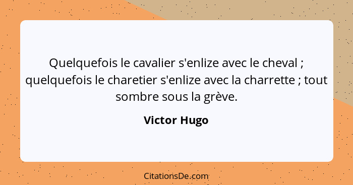 Quelquefois le cavalier s'enlize avec le cheval ; quelquefois le charetier s'enlize avec la charrette ; tout sombre sous la gr... - Victor Hugo