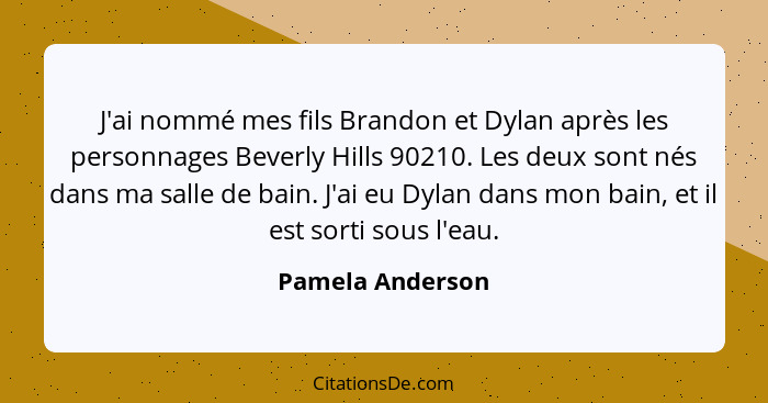 J'ai nommé mes fils Brandon et Dylan après les personnages Beverly Hills 90210. Les deux sont nés dans ma salle de bain. J'ai eu Dyl... - Pamela Anderson