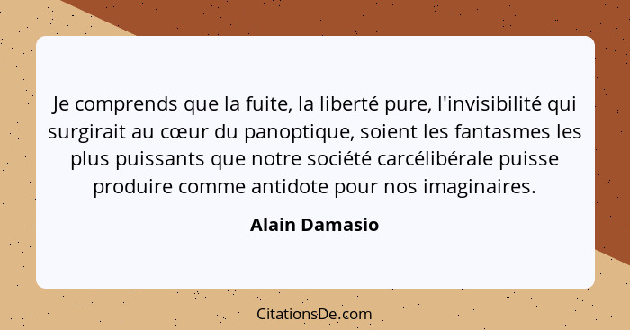 Je comprends que la fuite, la liberté pure, l'invisibilité qui surgirait au cœur du panoptique, soient les fantasmes les plus puissant... - Alain Damasio