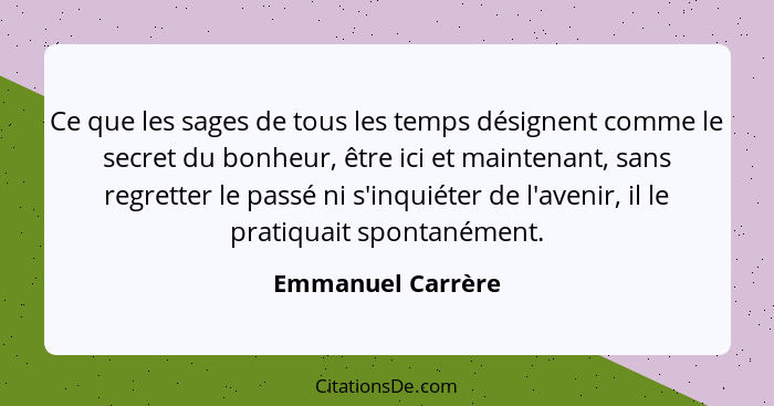 Ce que les sages de tous les temps désignent comme le secret du bonheur, être ici et maintenant, sans regretter le passé ni s'inqui... - Emmanuel Carrère