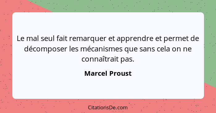 Le mal seul fait remarquer et apprendre et permet de décomposer les mécanismes que sans cela on ne connaîtrait pas.... - Marcel Proust