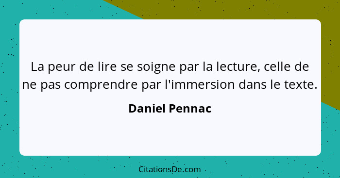 La peur de lire se soigne par la lecture, celle de ne pas comprendre par l'immersion dans le texte.... - Daniel Pennac