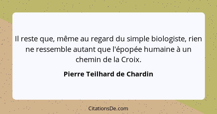 Il reste que, même au regard du simple biologiste, rien ne ressemble autant que l'épopée humaine à un chemin de la Croix.... - Pierre Teilhard de Chardin