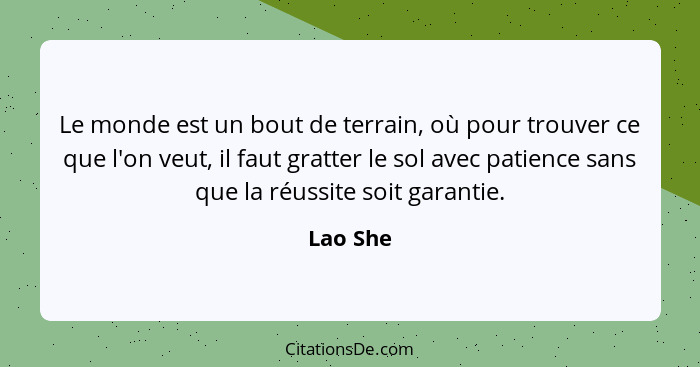 Le monde est un bout de terrain, où pour trouver ce que l'on veut, il faut gratter le sol avec patience sans que la réussite soit garantie.... - Lao She