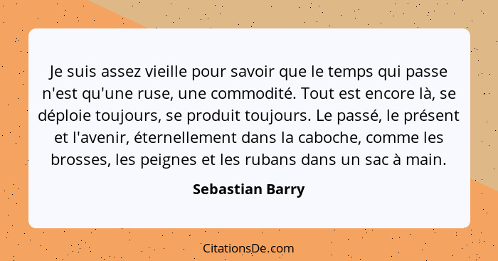 Je suis assez vieille pour savoir que le temps qui passe n'est qu'une ruse, une commodité. Tout est encore là, se déploie toujours,... - Sebastian Barry