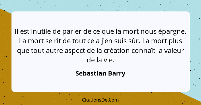 Il est inutile de parler de ce que la mort nous épargne. La mort se rit de tout cela j'en suis sûr. La mort plus que tout autre aspe... - Sebastian Barry