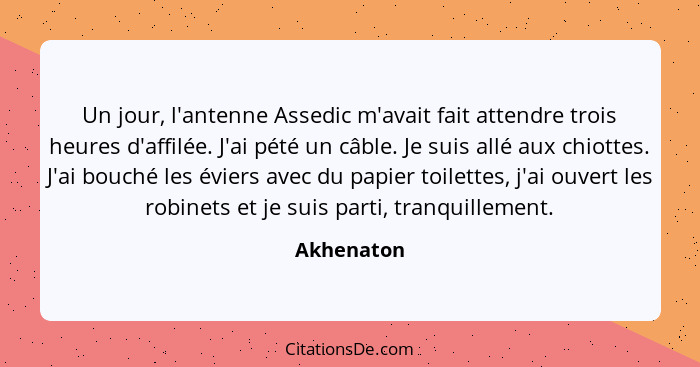 Un jour, l'antenne Assedic m'avait fait attendre trois heures d'affilée. J'ai pété un câble. Je suis allé aux chiottes. J'ai bouché les év... - Akhenaton