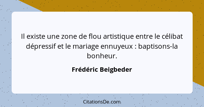 Il existe une zone de flou artistique entre le célibat dépressif et le mariage ennuyeux : baptisons-la bonheur.... - Frédéric Beigbeder