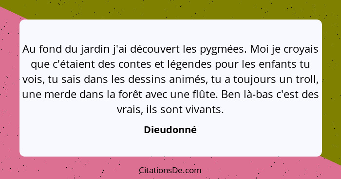 Au fond du jardin j'ai découvert les pygmées. Moi je croyais que c'étaient des contes et légendes pour les enfants tu vois, tu sais dans l... - Dieudonné