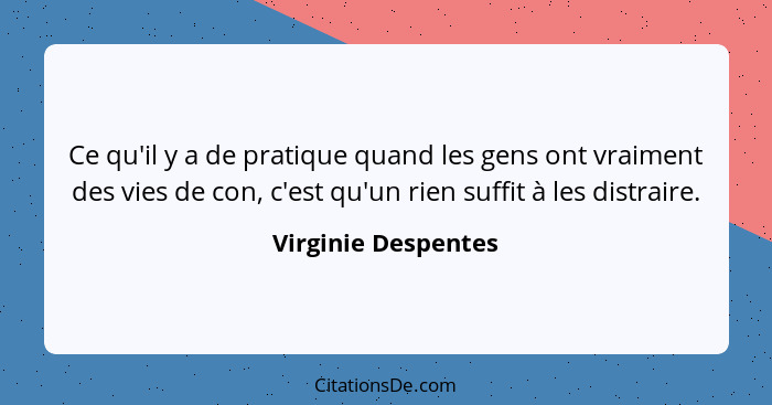 Ce qu'il y a de pratique quand les gens ont vraiment des vies de con, c'est qu'un rien suffit à les distraire.... - Virginie Despentes