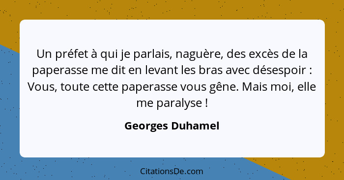 Un préfet à qui je parlais, naguère, des excès de la paperasse me dit en levant les bras avec désespoir : Vous, toute cette pap... - Georges Duhamel