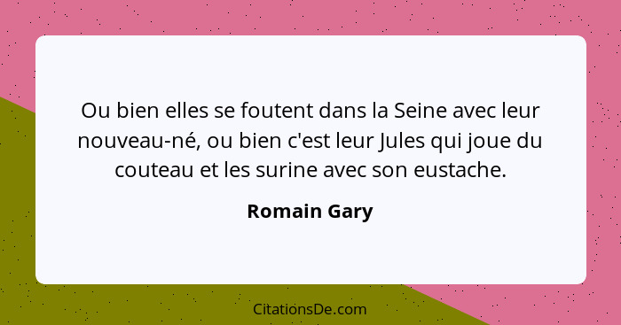 Ou bien elles se foutent dans la Seine avec leur nouveau-né, ou bien c'est leur Jules qui joue du couteau et les surine avec son eustach... - Romain Gary