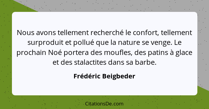 Nous avons tellement recherché le confort, tellement surproduit et pollué que la nature se venge. Le prochain Noé portera des mou... - Frédéric Beigbeder