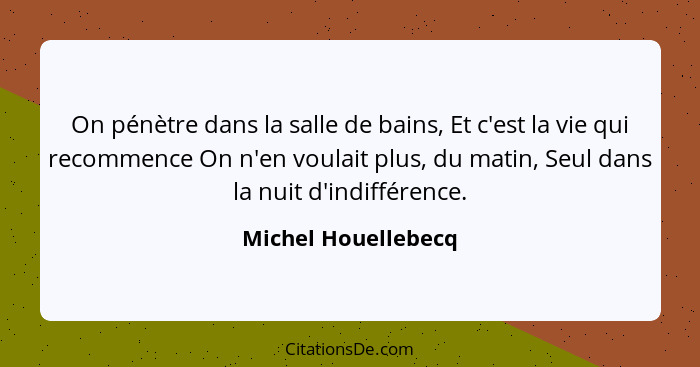 On pénètre dans la salle de bains, Et c'est la vie qui recommence On n'en voulait plus, du matin, Seul dans la nuit d'indifférenc... - Michel Houellebecq