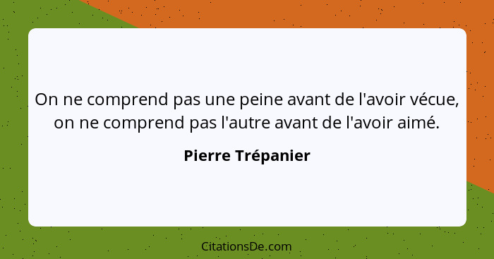 On ne comprend pas une peine avant de l'avoir vécue, on ne comprend pas l'autre avant de l'avoir aimé.... - Pierre Trépanier