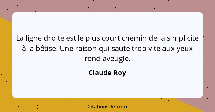 La ligne droite est le plus court chemin de la simplicité à la bêtise. Une raison qui saute trop vite aux yeux rend aveugle.... - Claude Roy