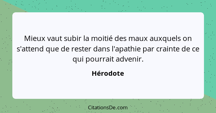 Mieux vaut subir la moitié des maux auxquels on s'attend que de rester dans l'apathie par crainte de ce qui pourrait advenir.... - Hérodote