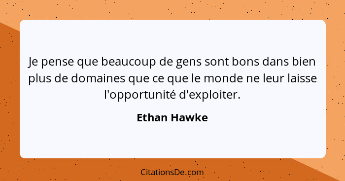 Je pense que beaucoup de gens sont bons dans bien plus de domaines que ce que le monde ne leur laisse l'opportunité d'exploiter.... - Ethan Hawke