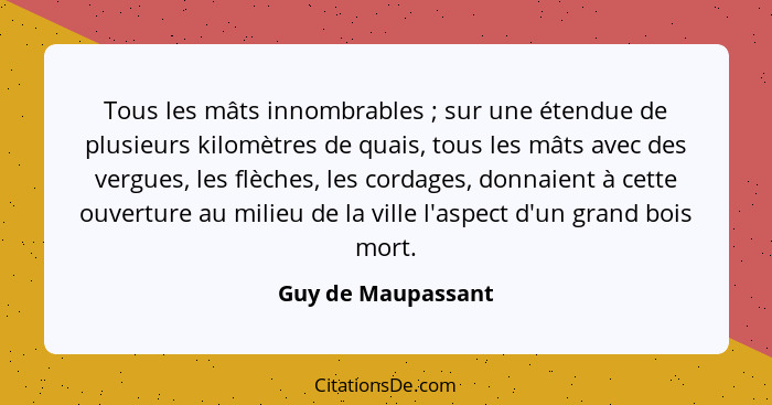 Tous les mâts innombrables ; sur une étendue de plusieurs kilomètres de quais, tous les mâts avec des vergues, les flèches, l... - Guy de Maupassant