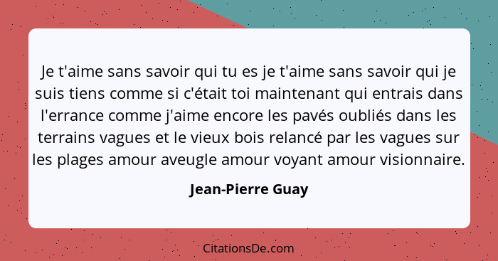 Je t'aime sans savoir qui tu es je t'aime sans savoir qui je suis tiens comme si c'était toi maintenant qui entrais dans l'errance... - Jean-Pierre Guay