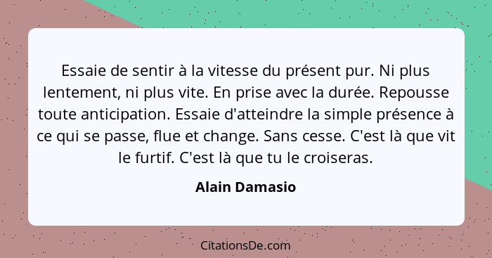 Essaie de sentir à la vitesse du présent pur. Ni plus lentement, ni plus vite. En prise avec la durée. Repousse toute anticipation. Es... - Alain Damasio