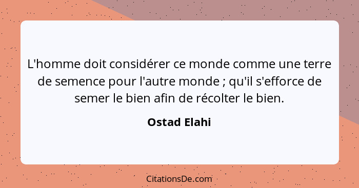 L'homme doit considérer ce monde comme une terre de semence pour l'autre monde ; qu'il s'efforce de semer le bien afin de récolter... - Ostad Elahi