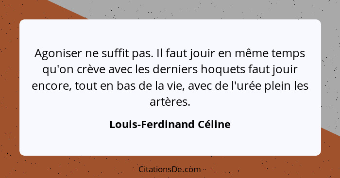 Agoniser ne suffit pas. Il faut jouir en même temps qu'on crève avec les derniers hoquets faut jouir encore, tout en bas de l... - Louis-Ferdinand Céline