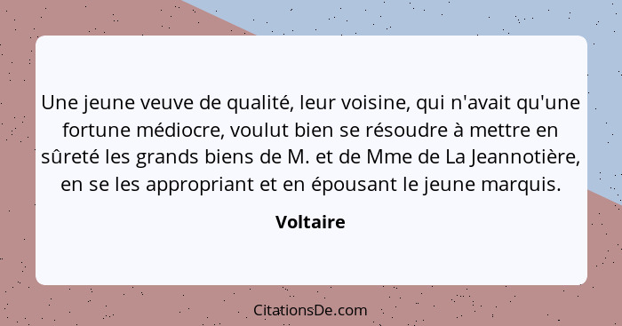 Une jeune veuve de qualité, leur voisine, qui n'avait qu'une fortune médiocre, voulut bien se résoudre à mettre en sûreté les grands biens... - Voltaire