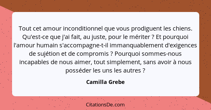 Tout cet amour inconditionnel que vous prodiguent les chiens. Qu'est-ce que j'ai fait, au juste, pour le mériter ? Et pourquoi l'... - Camilla Grebe