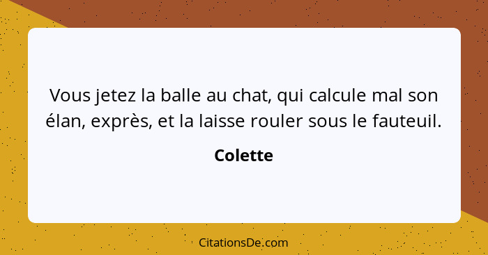 Vous jetez la balle au chat, qui calcule mal son élan, exprès, et la laisse rouler sous le fauteuil.... - Colette