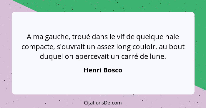 A ma gauche, troué dans le vif de quelque haie compacte, s'ouvrait un assez long couloir, au bout duquel on apercevait un carré de lune.... - Henri Bosco