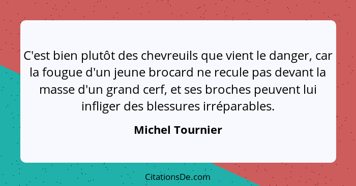 C'est bien plutôt des chevreuils que vient le danger, car la fougue d'un jeune brocard ne recule pas devant la masse d'un grand cerf... - Michel Tournier