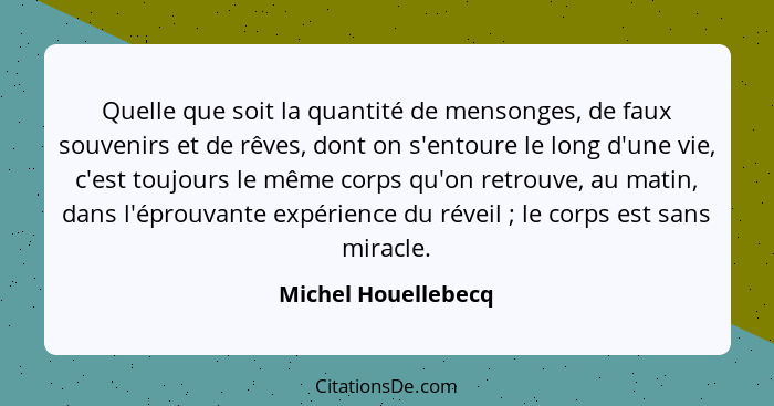 Quelle que soit la quantité de mensonges, de faux souvenirs et de rêves, dont on s'entoure le long d'une vie, c'est toujours le m... - Michel Houellebecq