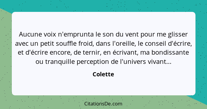 Aucune voix n'emprunta le son du vent pour me glisser avec un petit souffle froid, dans l'oreille, le conseil d'écrire, et d'écrire encore,... - Colette