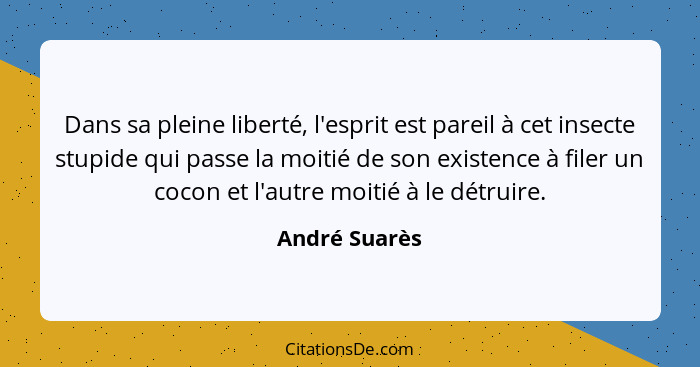 Dans sa pleine liberté, l'esprit est pareil à cet insecte stupide qui passe la moitié de son existence à filer un cocon et l'autre moit... - André Suarès