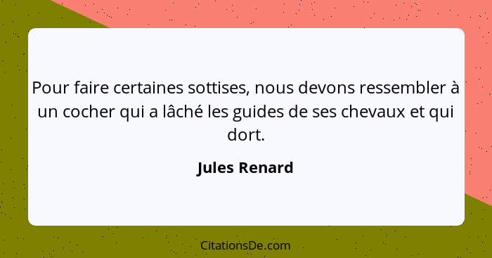 Pour faire certaines sottises, nous devons ressembler à un cocher qui a lâché les guides de ses chevaux et qui dort.... - Jules Renard